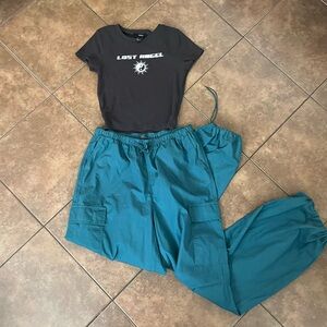 wild fable Teal Cargo/parachute Pants w/ forever 21 cropped graphic t
